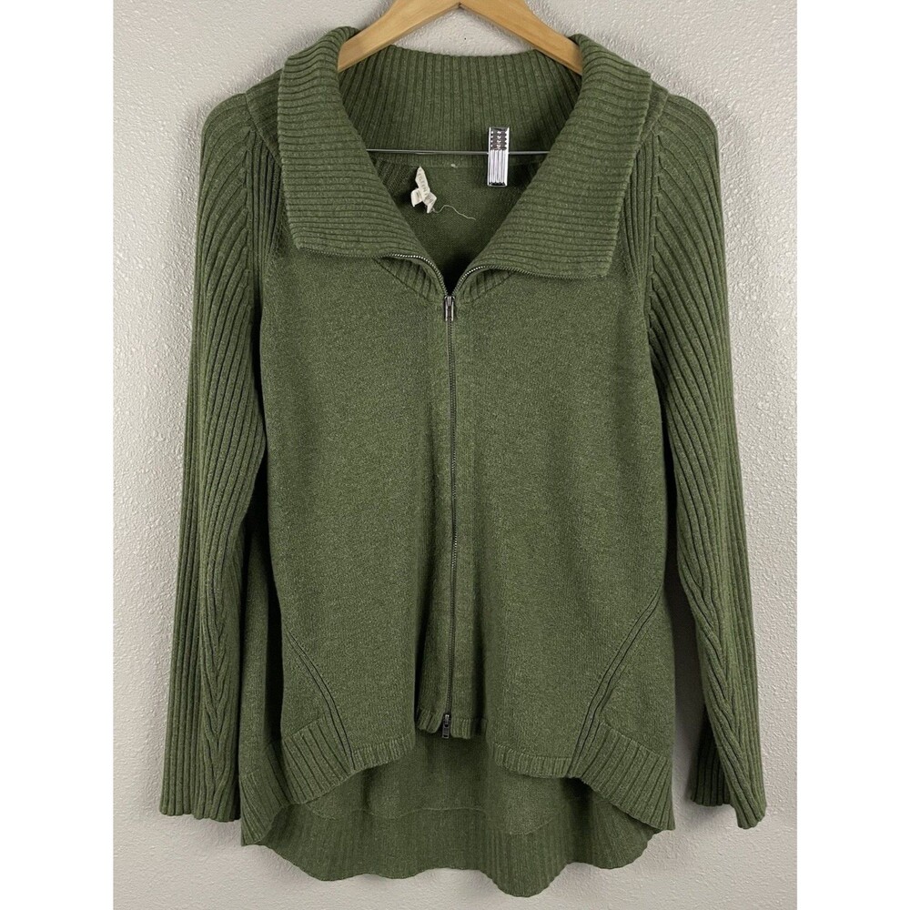 Eileen Fisher Womens M Green Knit Full Zip Shawl Collar Ribbed Sleeve Sweater